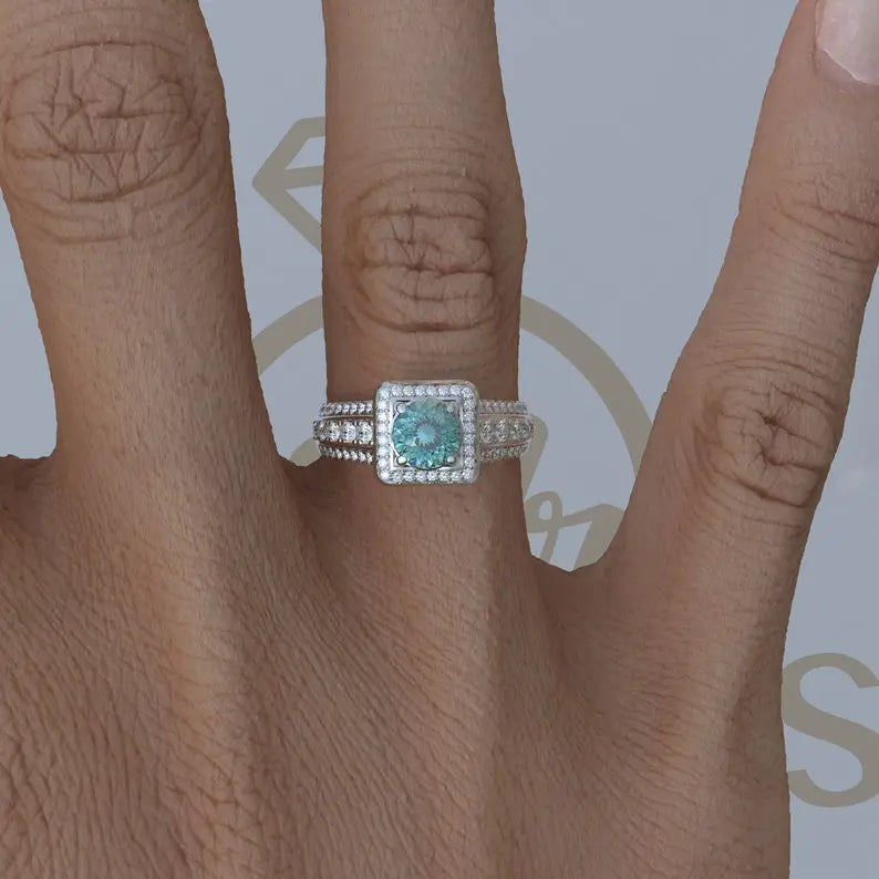 Portuguese Cut Cyan Blue Halo Moissanite Ring customdiamjewel