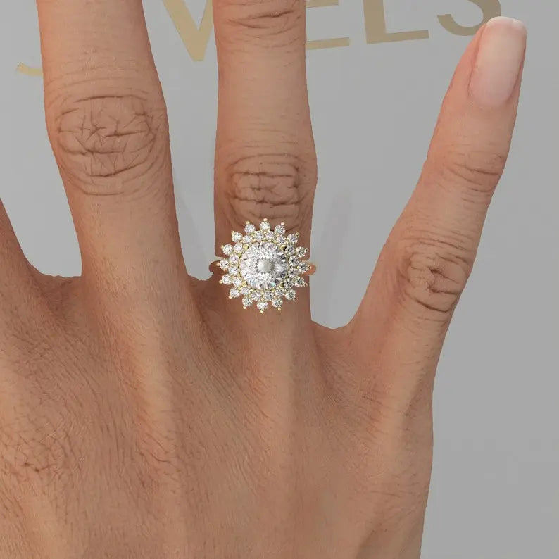 Double Halo Portuguese Cut Colorless Moissanite Ring customdiamjewel