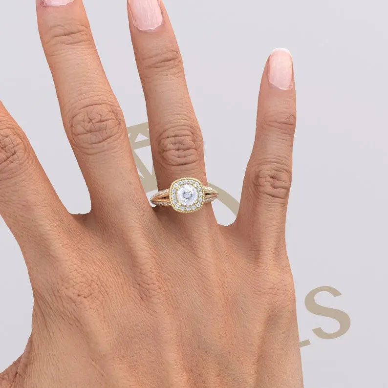 Portuguese Cut Halo Moissanite Engagement Ring customdiamjewel