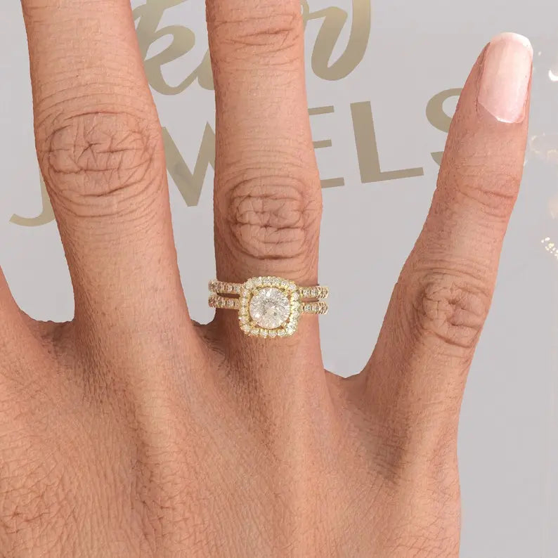 14k Portuguese Cut Halo Moissanite Bridal Ring Set customdiamjewel