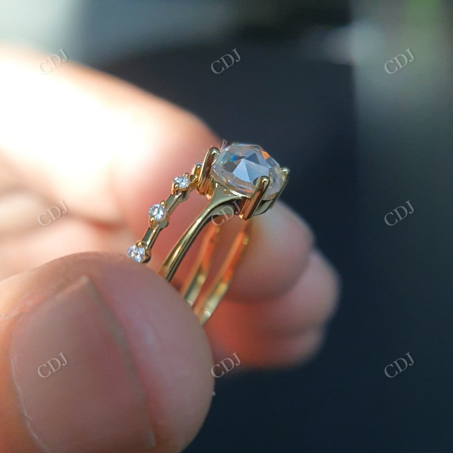 Round Rose Cut Moissanite Bridal Ring Set customdiamjewel