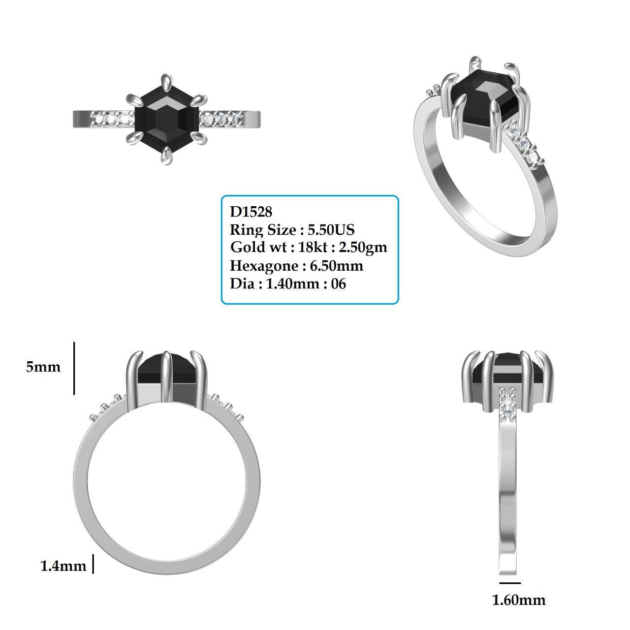 2.10CT Hexagon Salt and pepper Semi Mounting Ring customdiamjewel