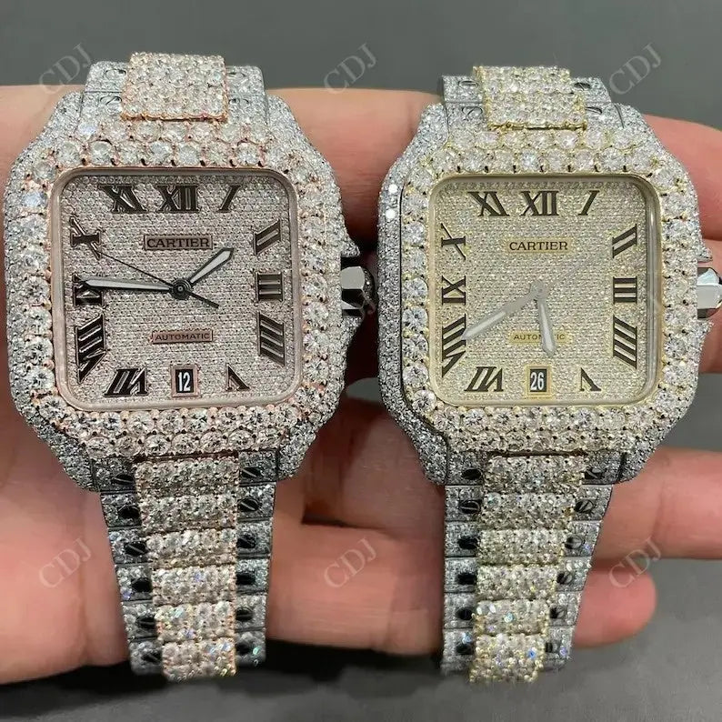 Rose White Cartier Santos handmade Moissanite Wrist Watch customdiamjewel