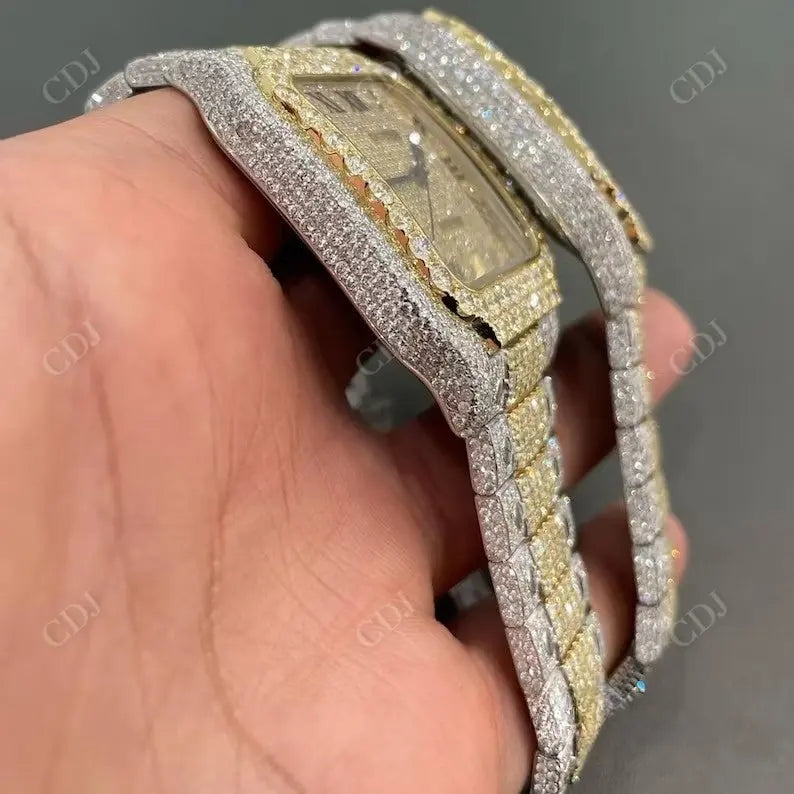 Yellow White Cartier Santos Modified Belt Moissanite Watch customdiamjewel