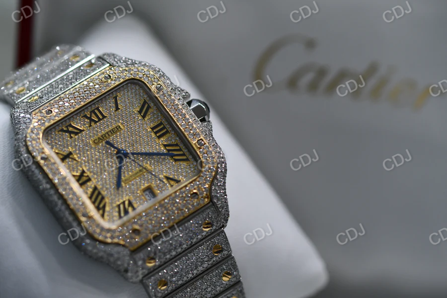 Fully Iced Out Cartier Lab Grown Diamond Studded Hip Hop Watch customdiamjewel