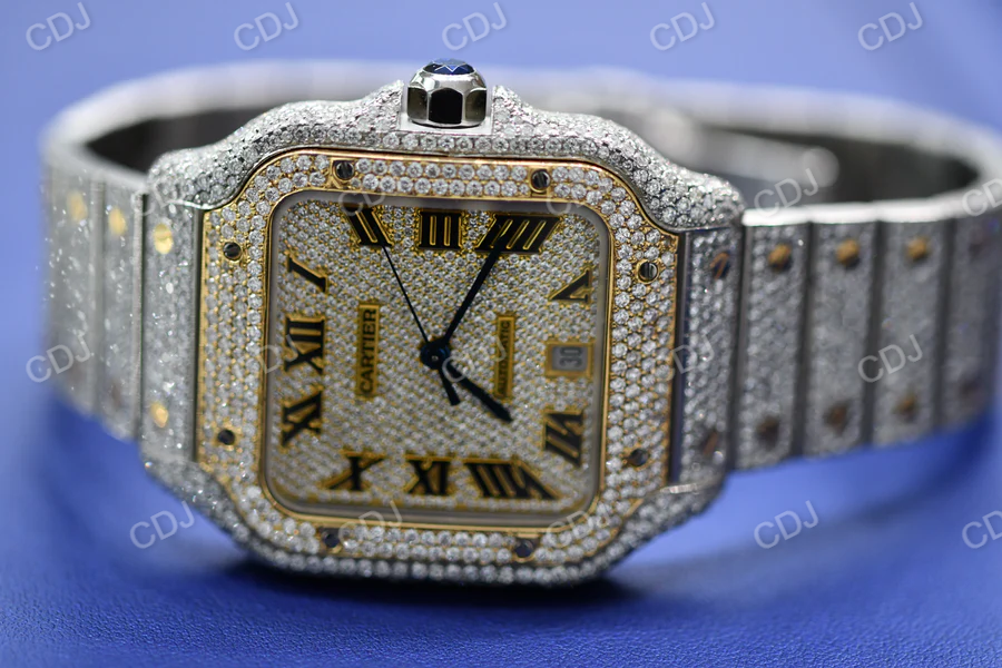 Fully Iced Out Cartier Lab Grown Diamond Studded Hip Hop Watch customdiamjewel