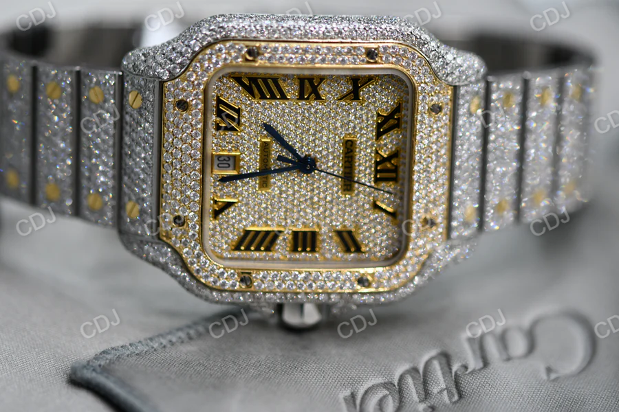 Fully Iced Out Cartier Lab Grown Diamond Studded Hip Hop Watch customdiamjewel
