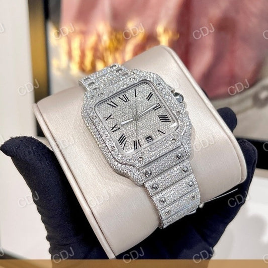 Luxurious Iced Out Moissanite Roman Dial Cartier Santos Watch customdiamjewel