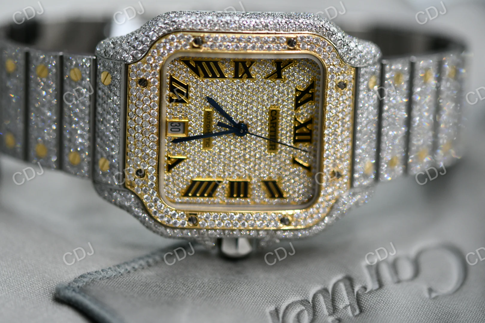 Fully Iced Out Cartier Lab Grown Diamond Studded Hip Hop Watch customdiamjewel