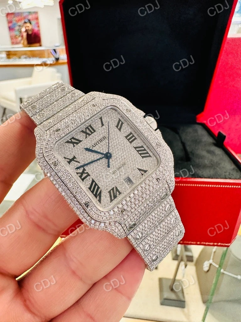 Fully Iced Out Cartier Moissanite Diamond Hip Hop Automatic Buss Down Watch customdiamjewel
