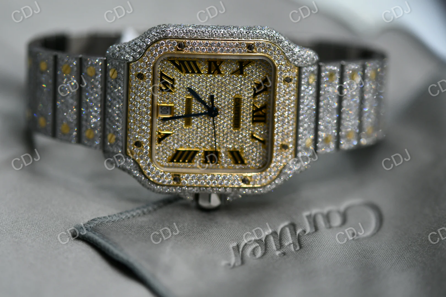 Fully Iced Out Cartier Lab Grown Diamond Studded Hip Hop Watch customdiamjewel