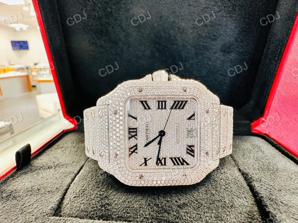 Fully Iced Out Cartier Moissanite Diamond Hip Hop Automatic Buss Down Watch customdiamjewel