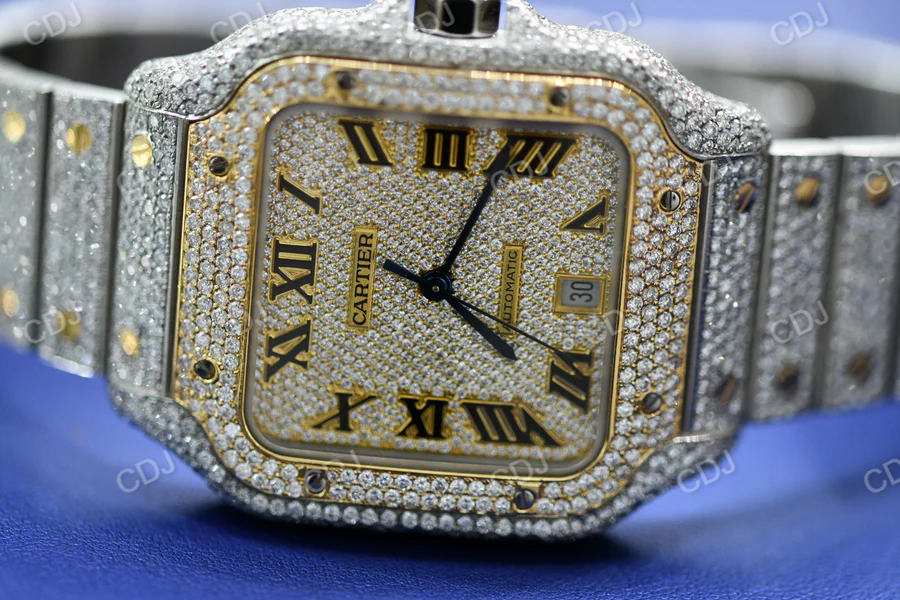 Fully Iced Out Cartier Lab Grown Diamond Studded Hip Hop Watch customdiamjewel