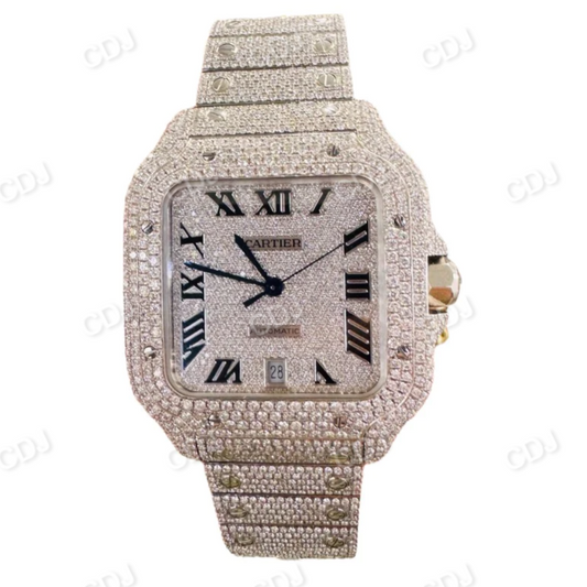 Fully Iced Out Cartier Moissanite Diamond Hip Hop Automatic Buss Down Watch customdiamjewel