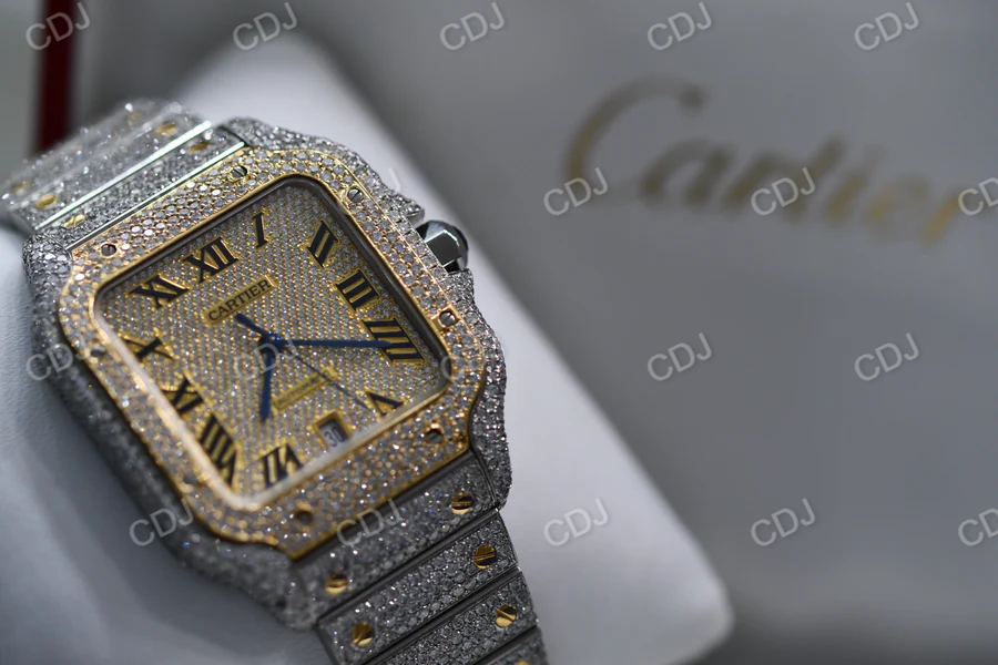 Fully Iced Out Cartier Lab Grown Diamond Studded Hip Hop Watch customdiamjewel