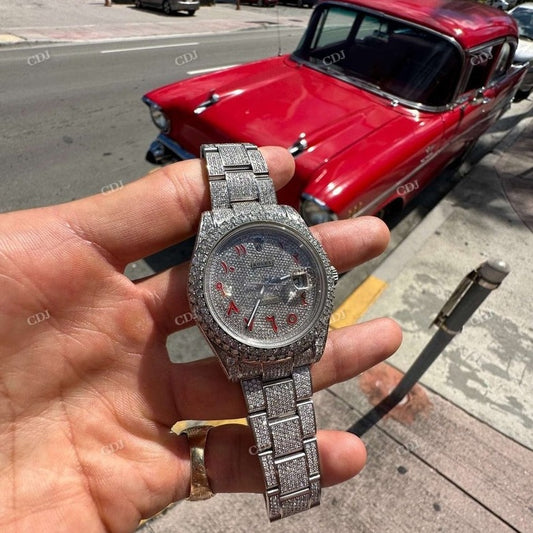 Red Arabic Dial Rolex Moissanite Watch For Men customdiamjewel