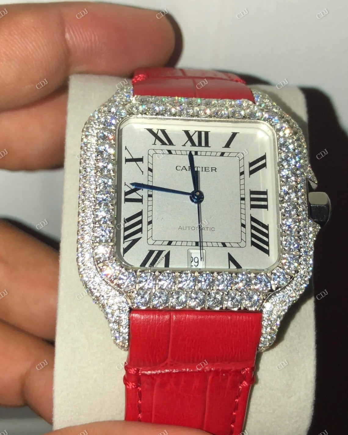 Red Belt Cartier Santos Moissanite Watch customdiamjewel