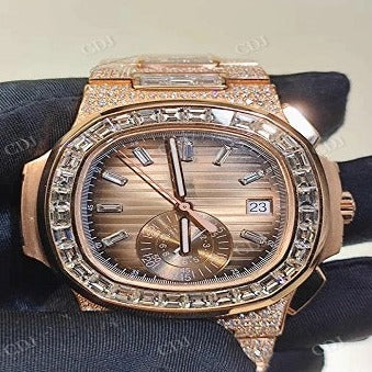 Rose Gold Tone Baguette Diamond Bezel Chrono Watch customdiamjewel