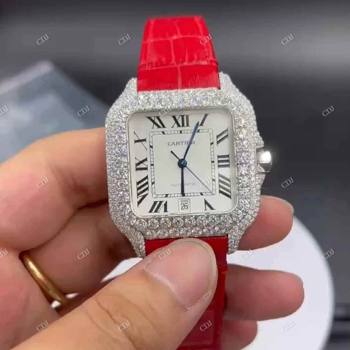 Red Belt Cartier Santos Moissanite Watch customdiamjewel