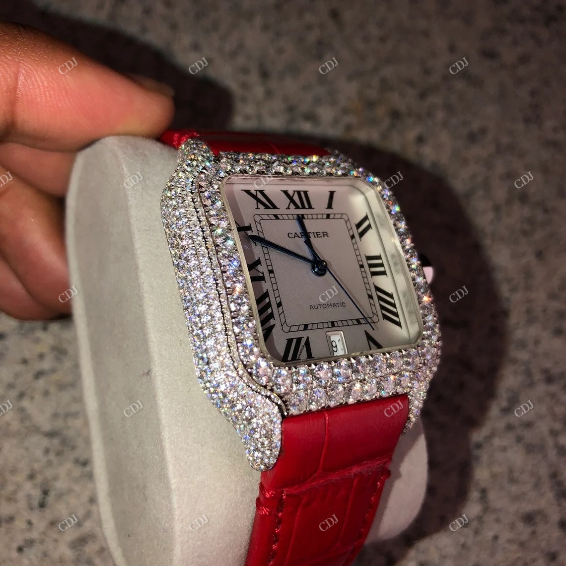Red Belt Cartier Santos Moissanite Watch customdiamjewel