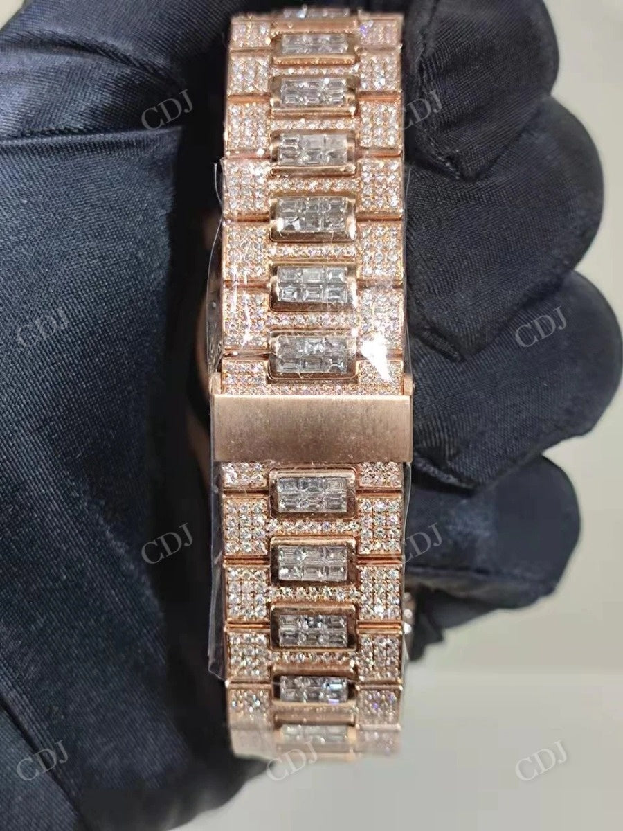 Rose Gold Tone Baguette Diamond Bezel Chrono Watch customdiamjewel