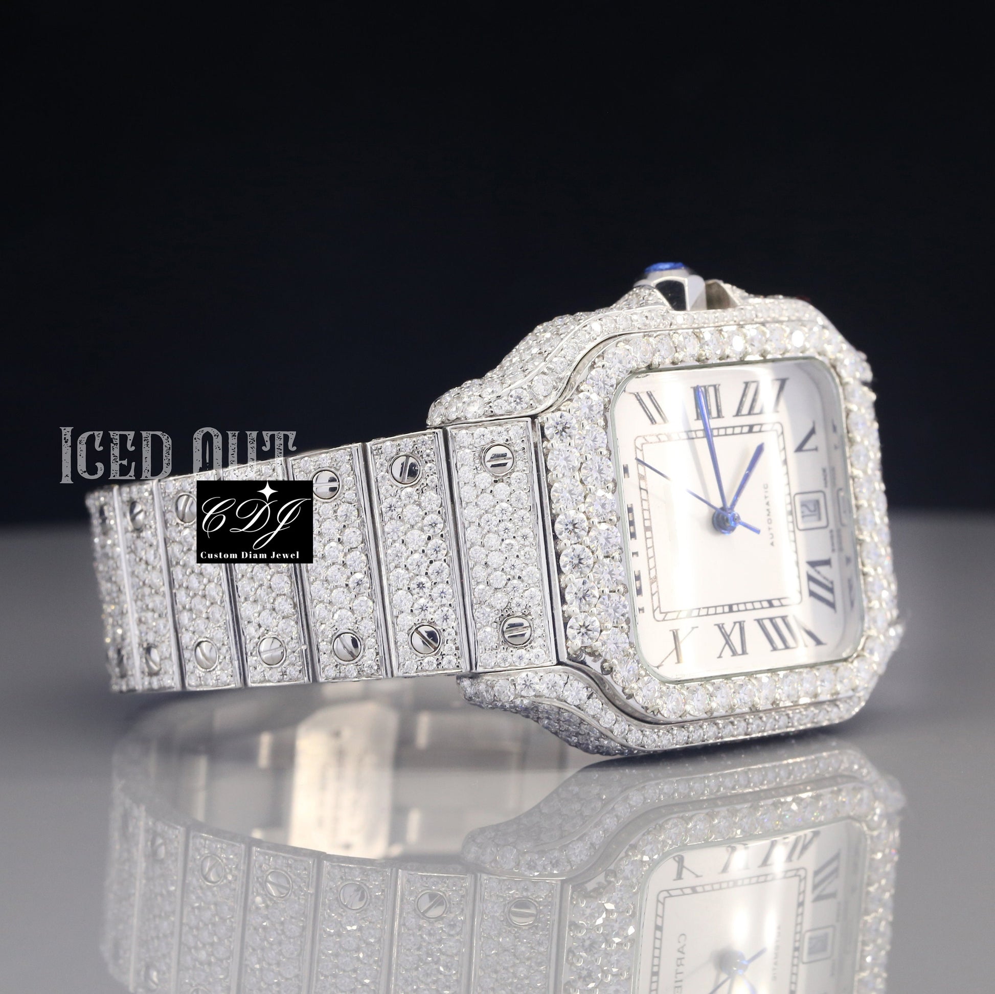 Cartier Santos Fully White Iced Out Moissanite Watch For Men's customdiamjewel