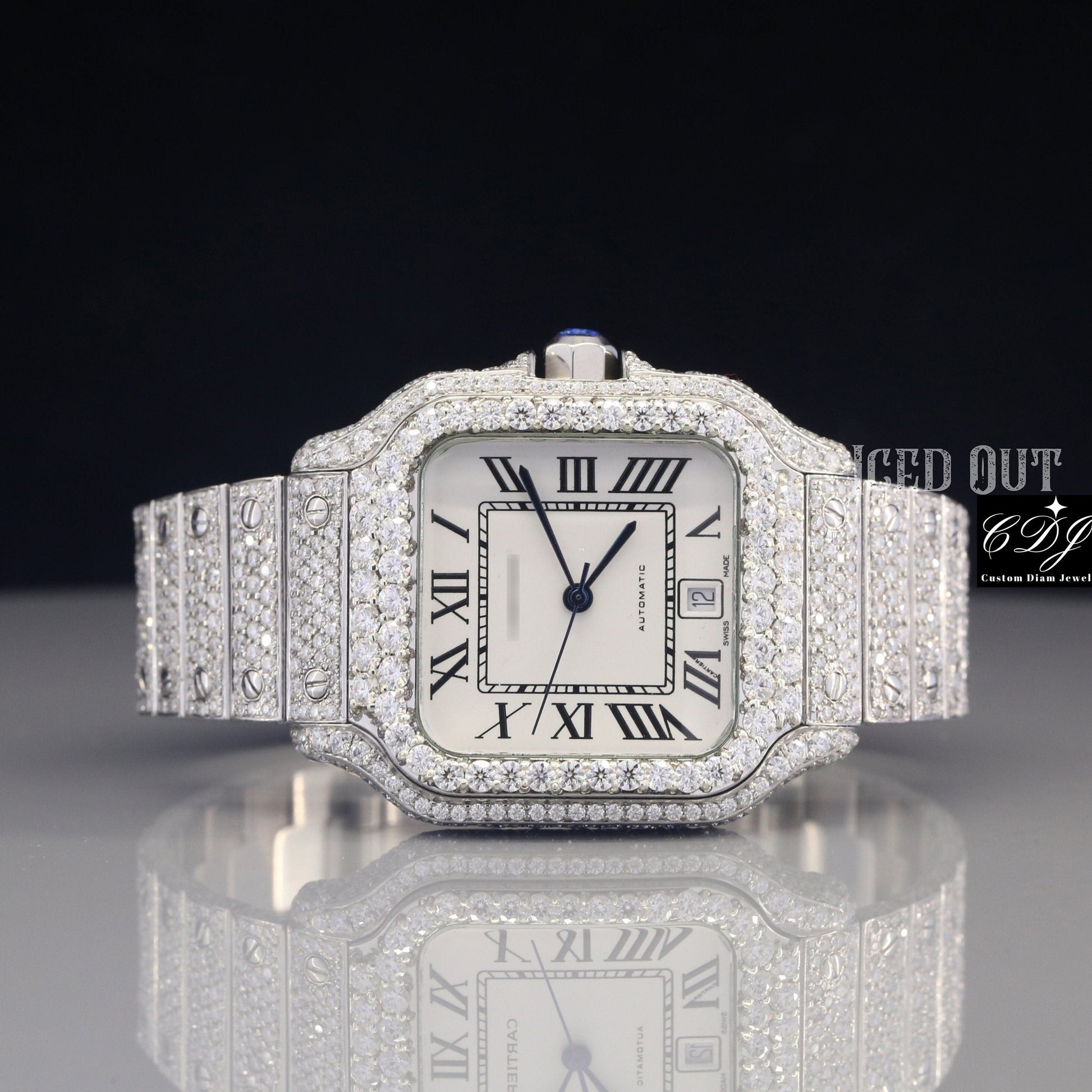 Cartier Santos Fully White Iced Out Moissanite Watch For Men's customdiamjewel