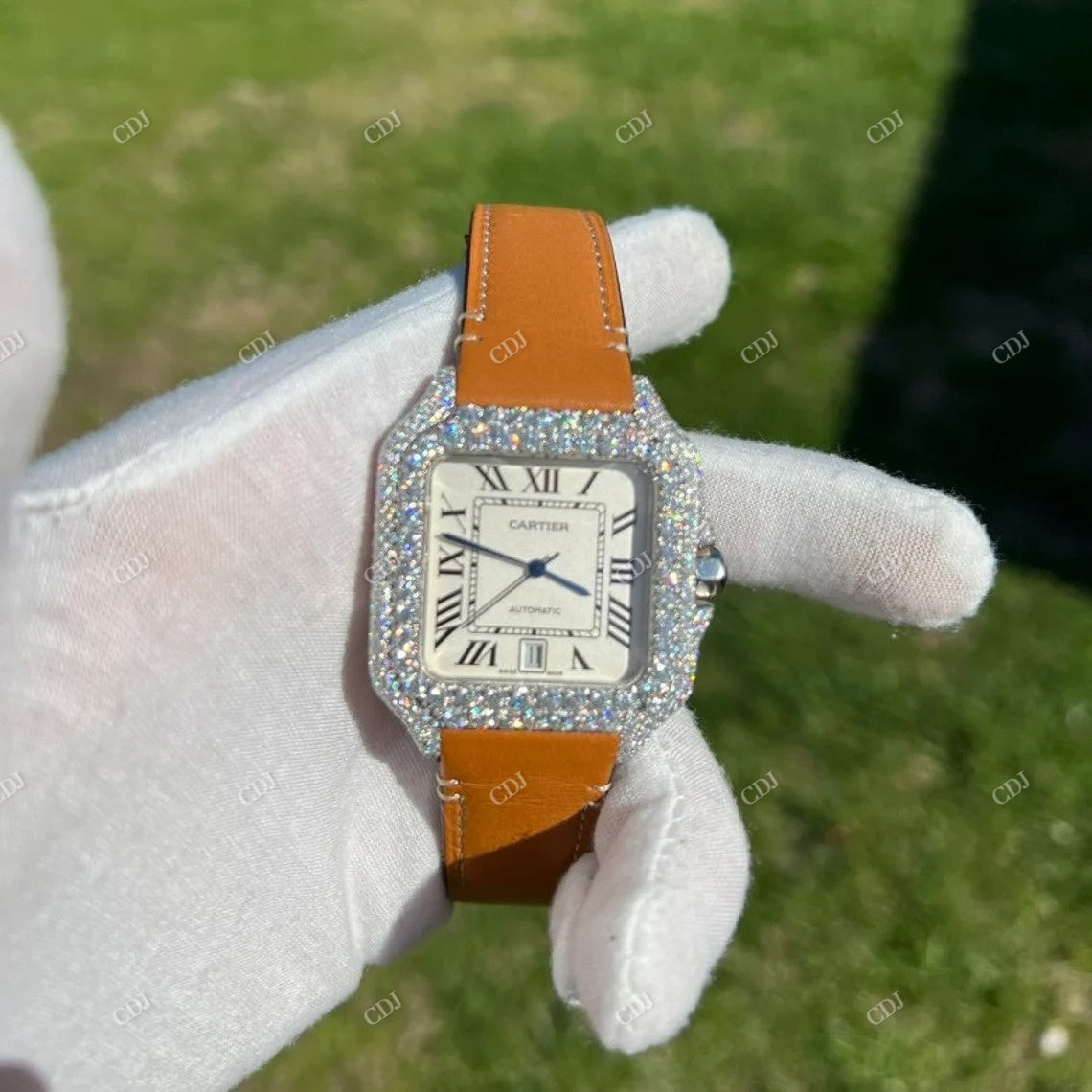 Cartier Santos Moissanite Diamond Leather Belt Watch customdiamjewel