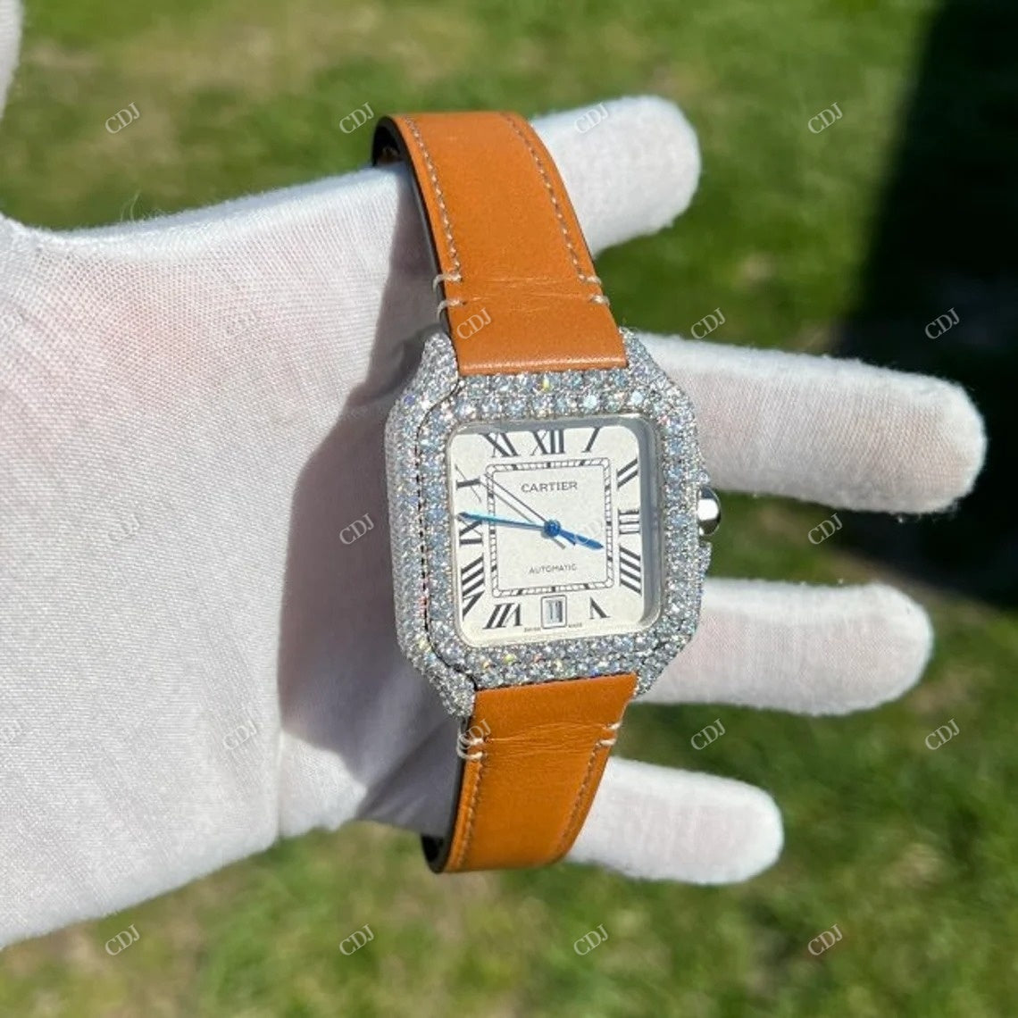 Cartier Santos Moissanite Diamond Leather Belt Watch customdiamjewel