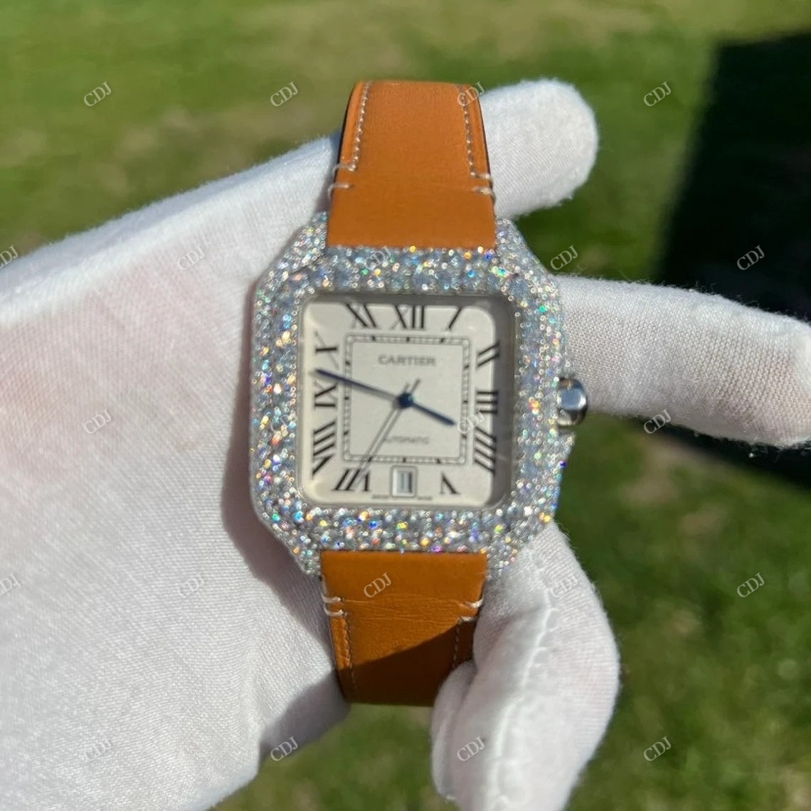 Cartier Santos Moissanite Diamond Leather Belt Watch customdiamjewel