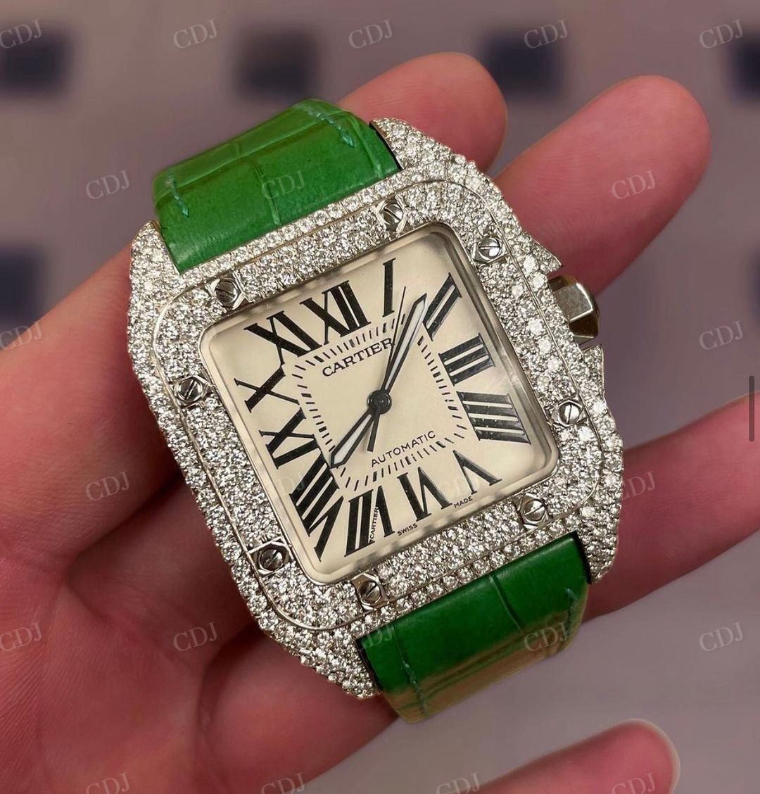 VVS1 D Color Moissanite Fully Bus Down Iced Out Green Belt Watch customdiamjewel