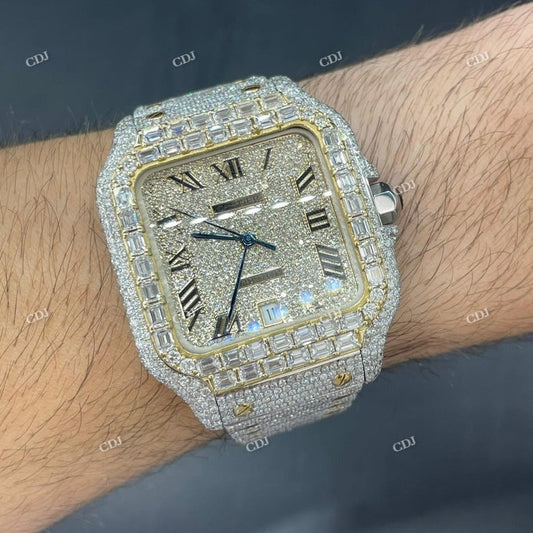 Iced Out Baguette Diamond Cartier Santos Watch customdiamjewel