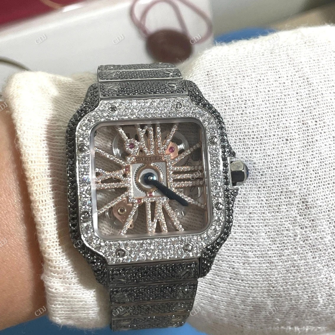 Cartier Skeleton Black & White Moissanite Iced Out Watch customdiamjewel