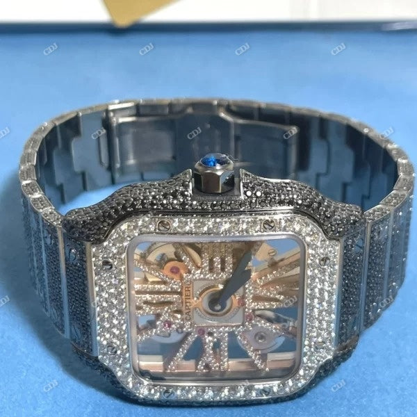 Cartier Skeleton Black & White Moissanite Iced Out Watch customdiamjewel