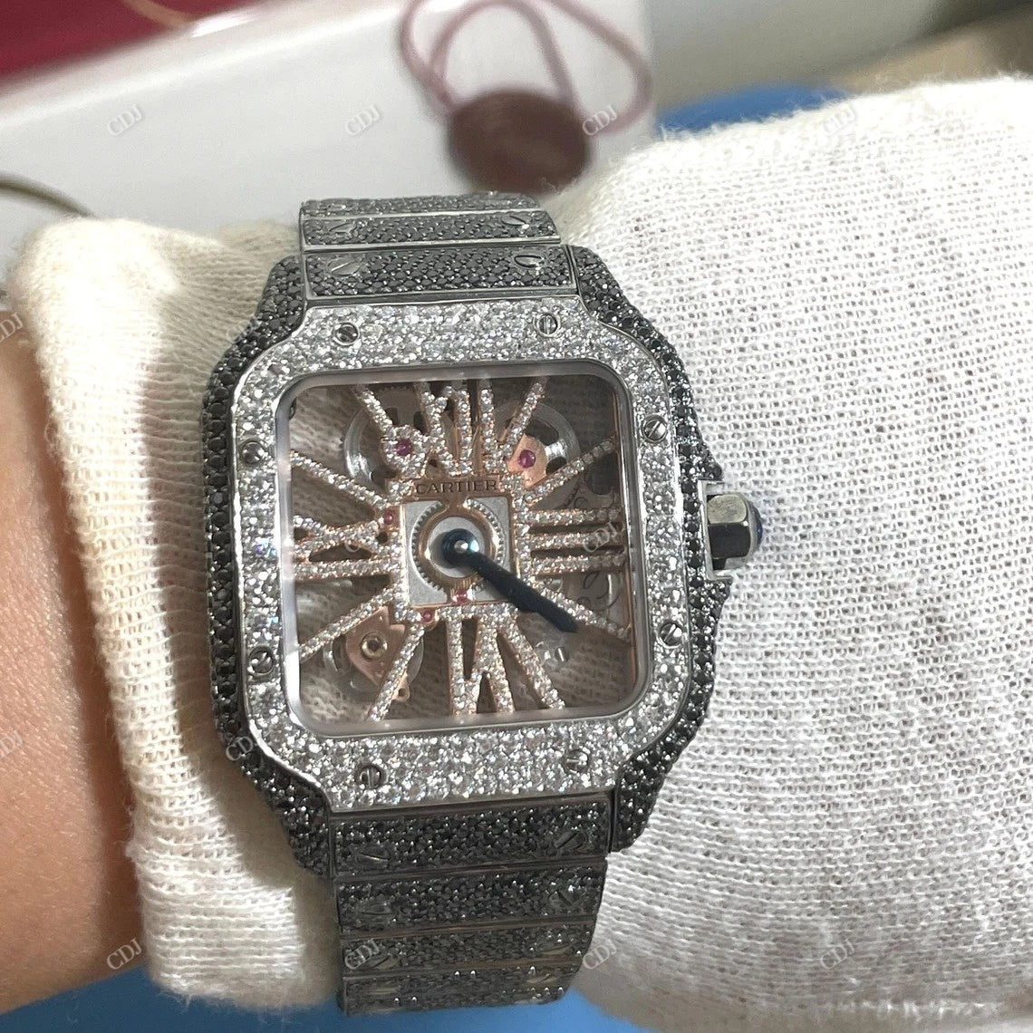 Cartier Skeleton Black & White Moissanite Iced Out Watch customdiamjewel