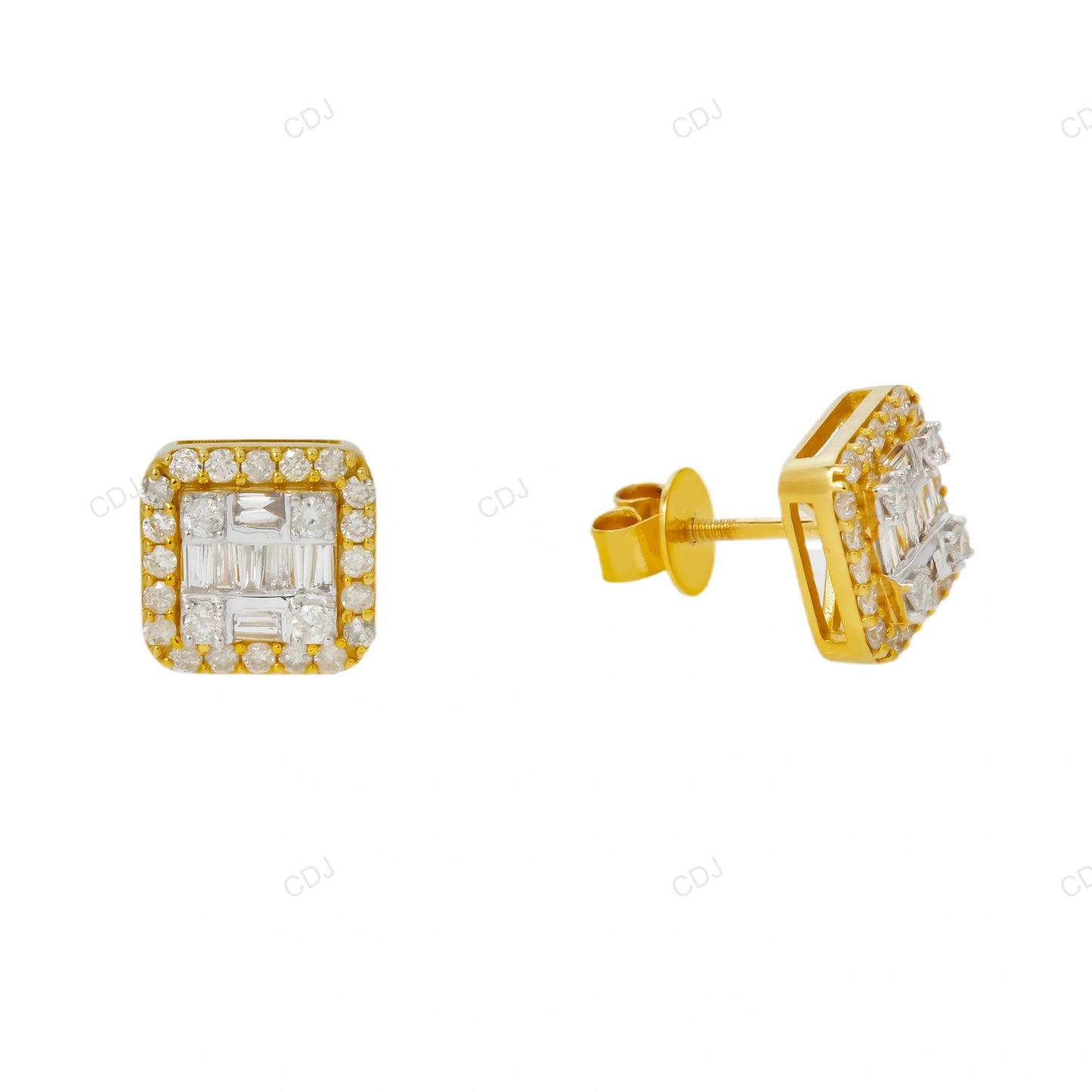 Square Shape Lab Grown Diamond Cluster Gold Earrings