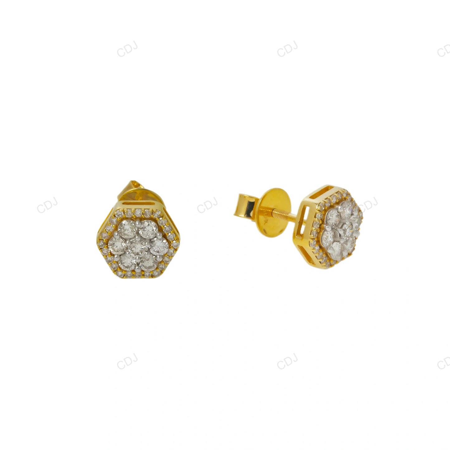Yellow Gold Lab Grown Diamond Hexagon Cluster Earrings