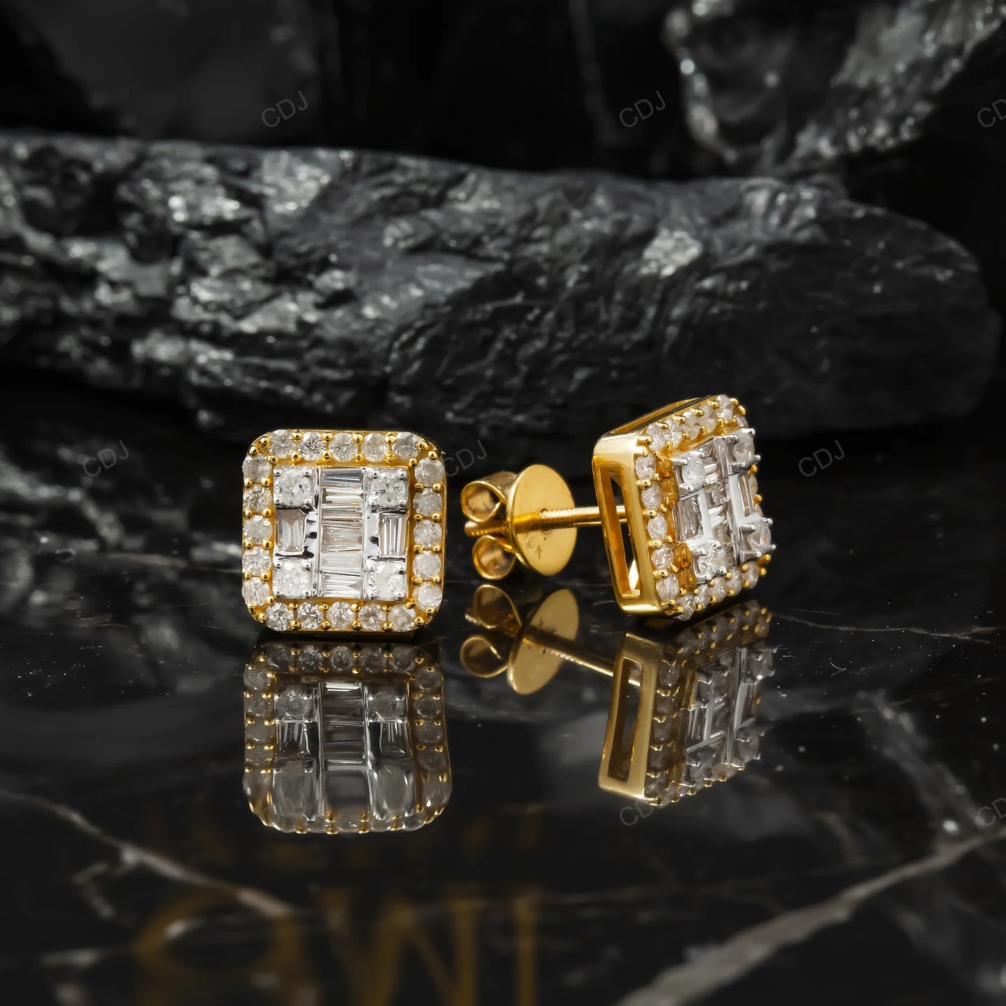 Square Shape Lab Grown Diamond Cluster Gold Earrings