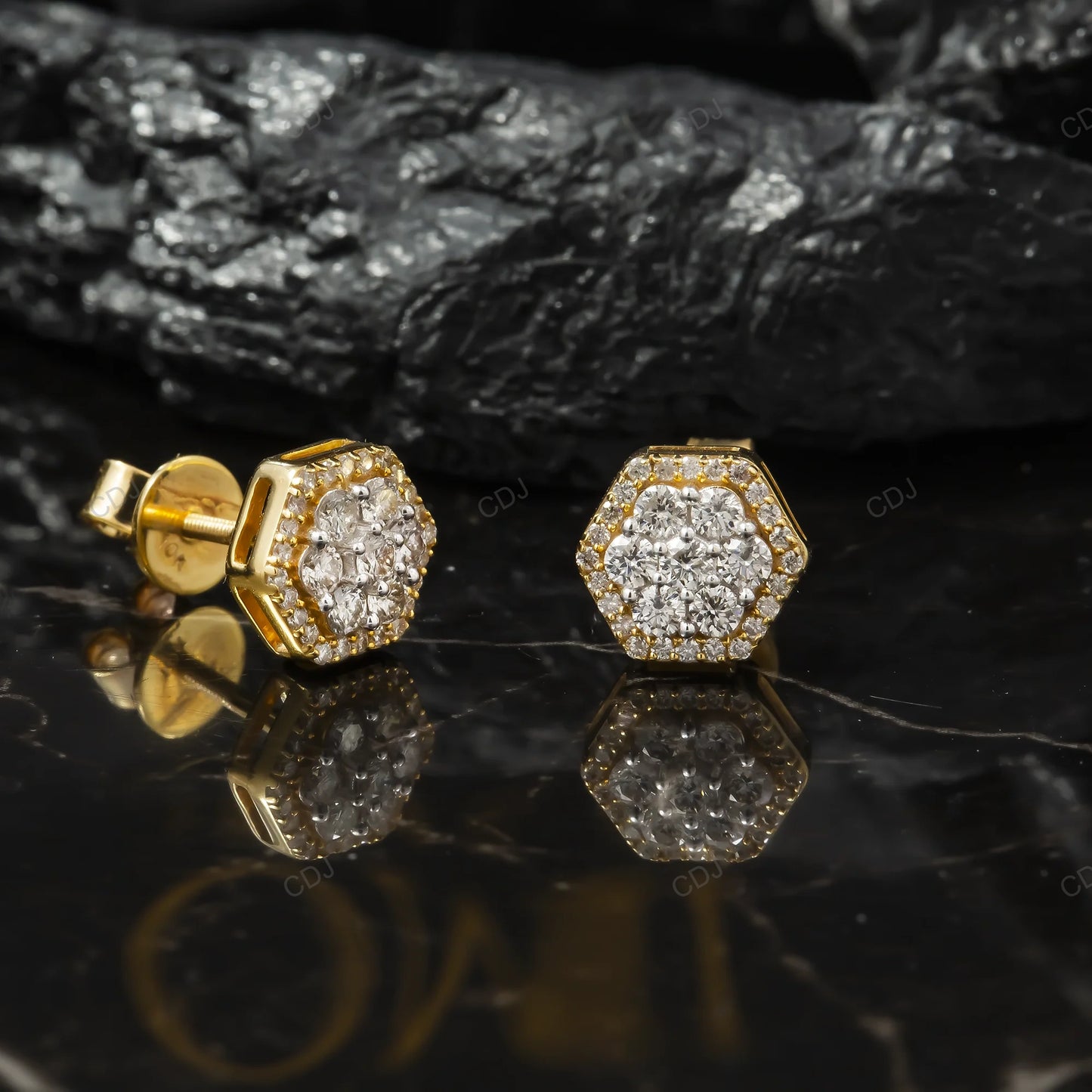 Yellow Gold Lab Grown Diamond Hexagon Cluster Earrings
