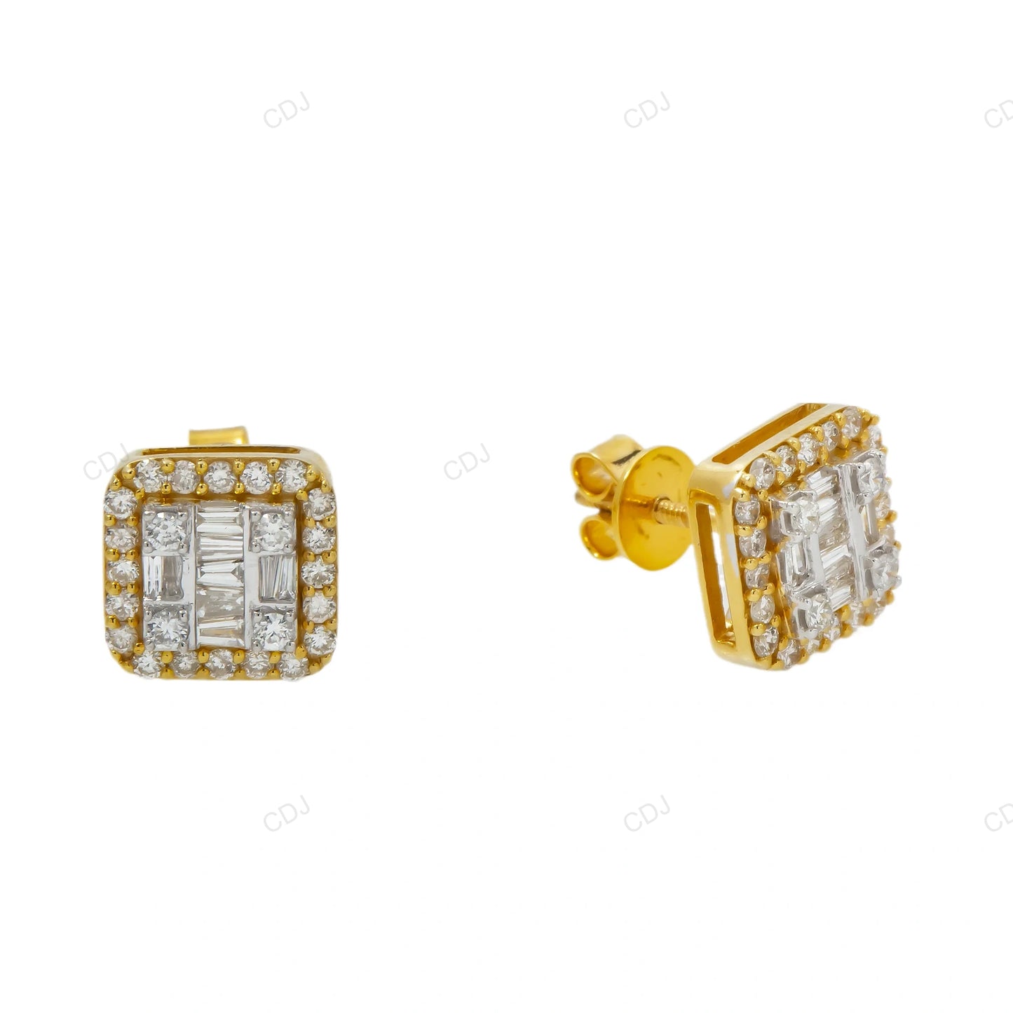 Square Baguette Lab Grown Diamond Yellow Gold Earrings