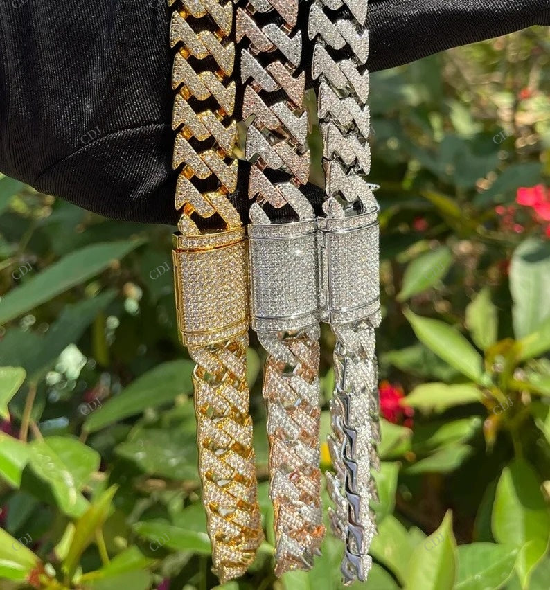 Two-Tone Moissanite Iced Out Spiked Cuban Link Chain CustomDiamJewel