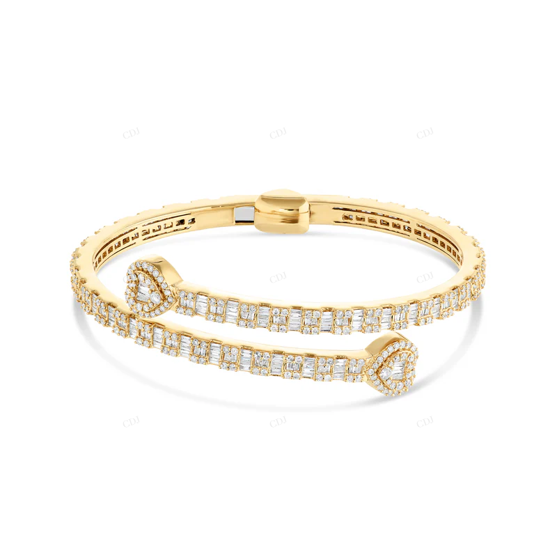 Baguette & Round Cut Diamond Open Cuff Heart Bangle Bracelet CustomDiamJewel