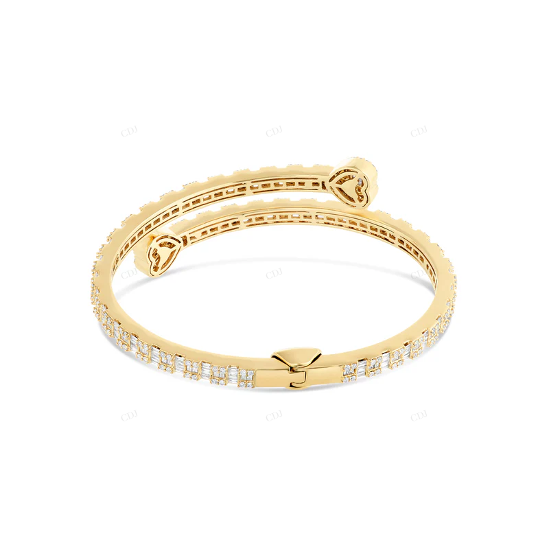 Baguette & Round Cut Diamond Open Cuff Heart Bangle Bracelet CustomDiamJewel