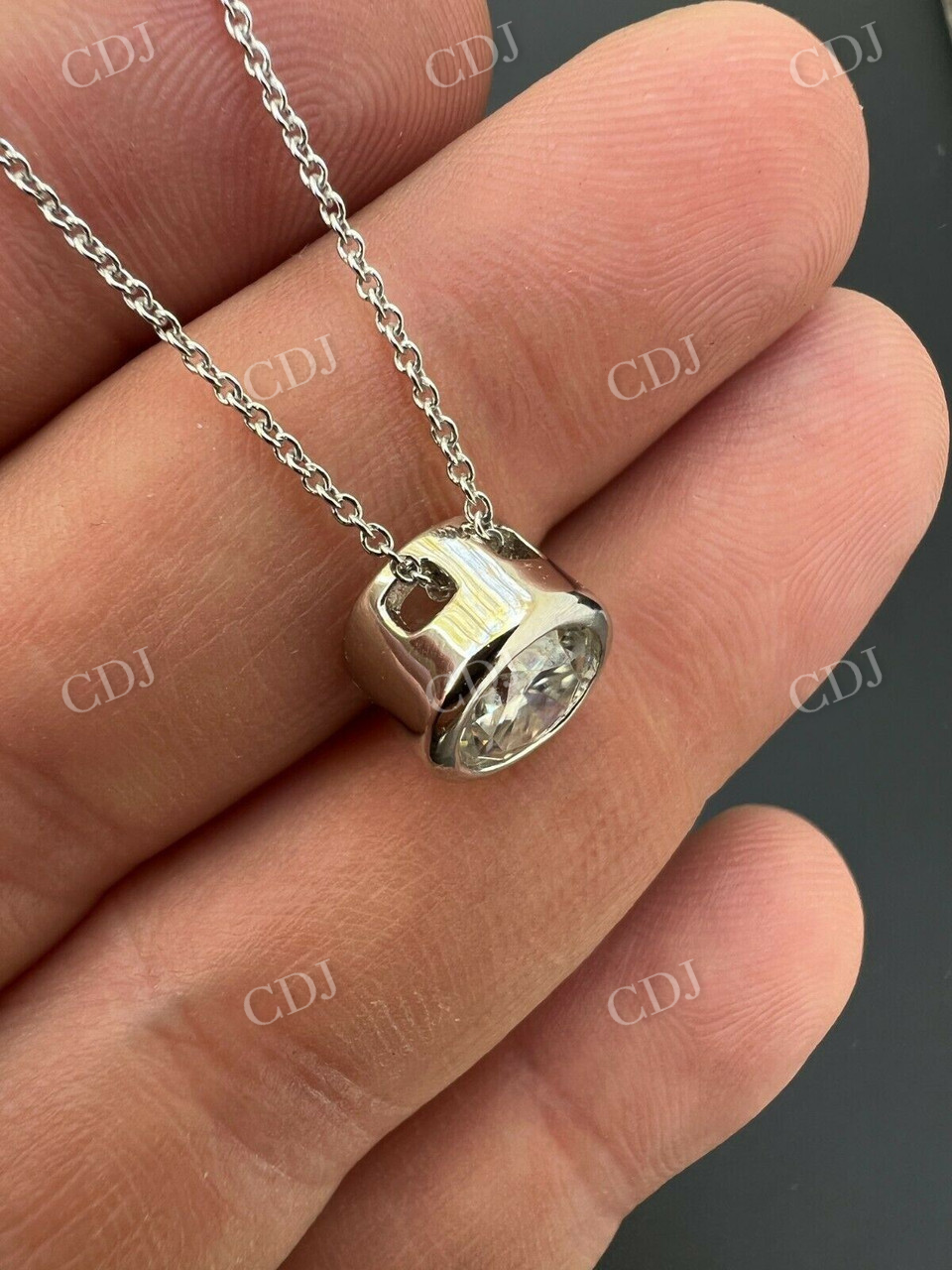 Round Moissanite 10K White Gold Bezek Set Solitaire Pendant  customdiamjewel   