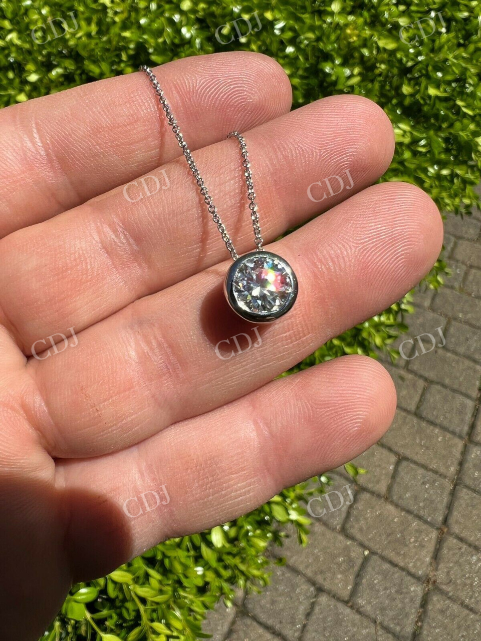 Round Moissanite 10K White Gold Bezek Set Solitaire Pendant  customdiamjewel   