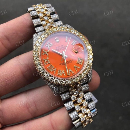 Orange Dial Diamond Iced Out Rolex Moissanite Watch customdiamjewel