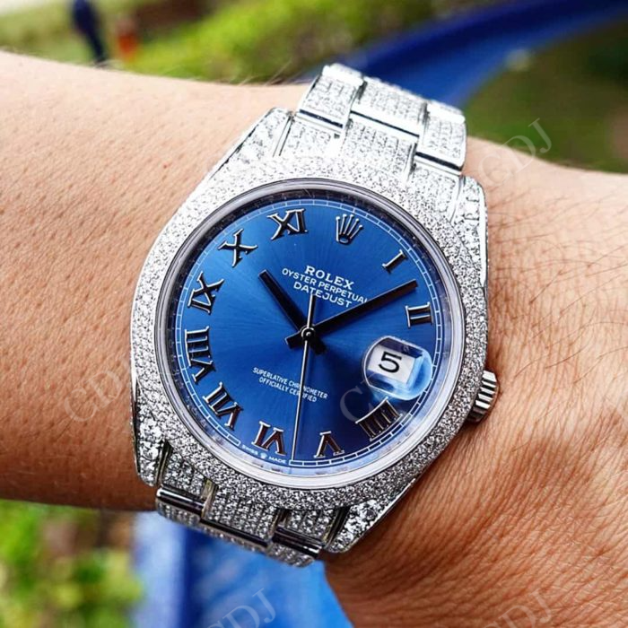 Blue Plate Oyster Rolex Date Just Custom Watch customdiamjewel