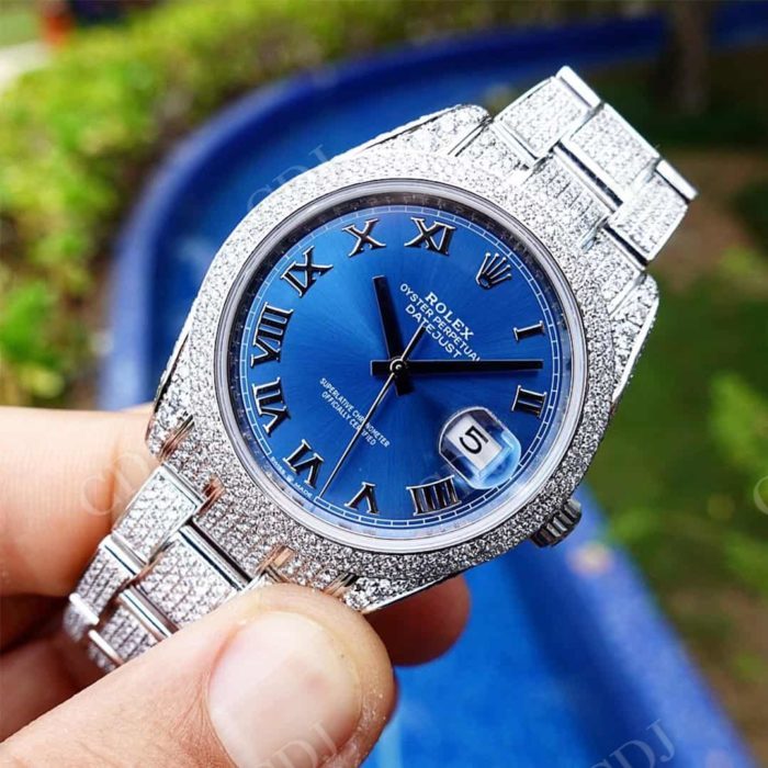 Blue Plate Oyster Rolex Date Just Custom Watch customdiamjewel