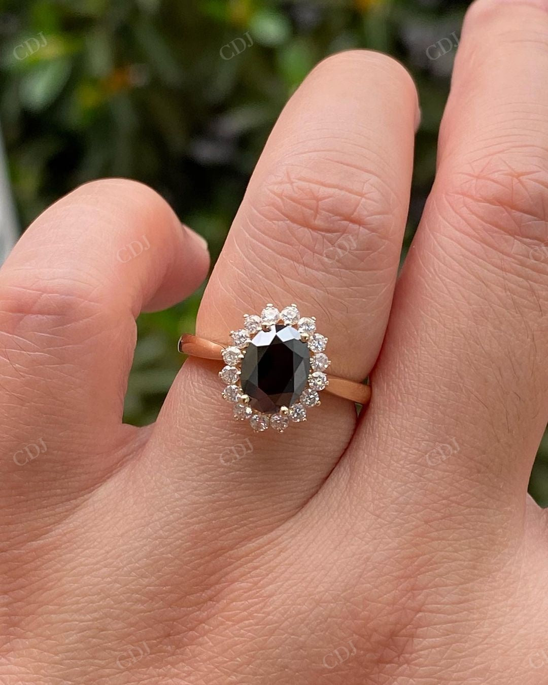 Oval Cut Black Onyx Halo Moissanite Ring