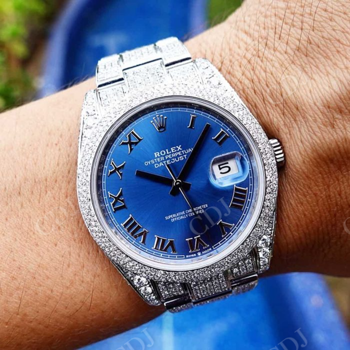 Blue Plate Oyster Rolex Date Just Custom Watch customdiamjewel